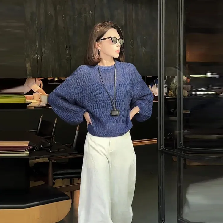 慵懒松弛感镂空织衫新款洋气套头打底衫上衣时尚原宿风宽松毛衣潮