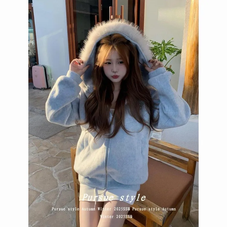 美式复古高街毛领连帽开衫卫衣外套女春秋2026oversize韩系慵懒风