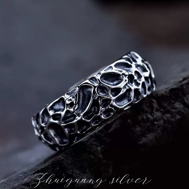 925银戒指 原创设计复古指环个性手工做旧饰品简约风岩石开口戒指