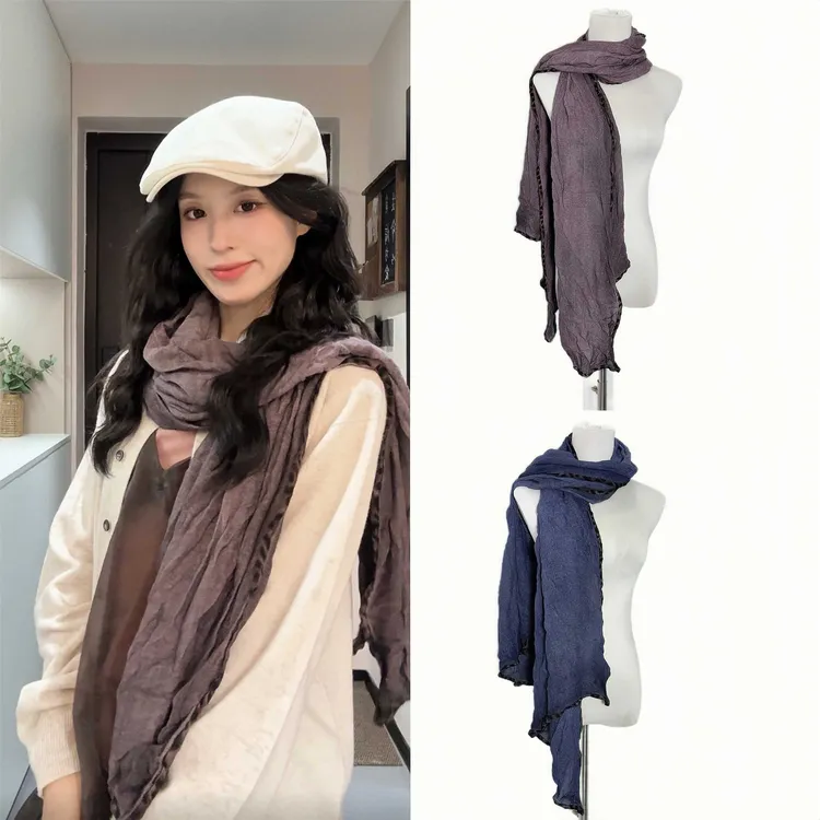 2025新款围巾女春秋冬文艺简约复古褶皱百搭围脖披肩围巾豹纹长款