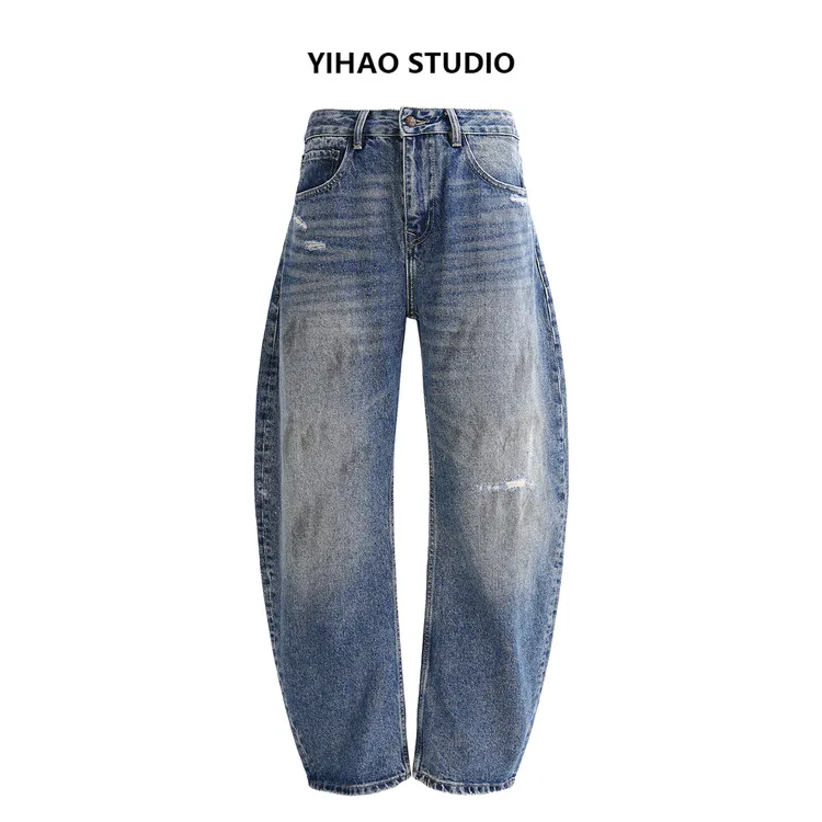 YIHAO STUDIO秋季新款弯刀牛仔裤美式水洗磨破时尚休闲宽松弯刀裤