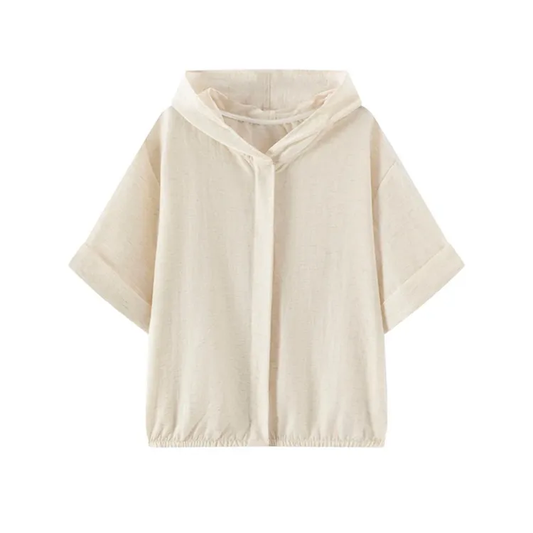 B 门店42&9！老钱风！夏日小空调/亚麻清爽透气连帽短袖T恤女C21379