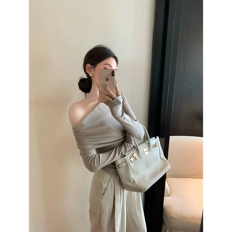 优雅设计感辣妹斜肩显瘦T恤上衣#8144