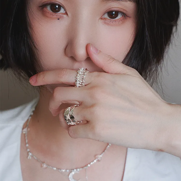 925银戒指 ins原创设计叠戴925银光面编织戒指开口设计感清冷高级