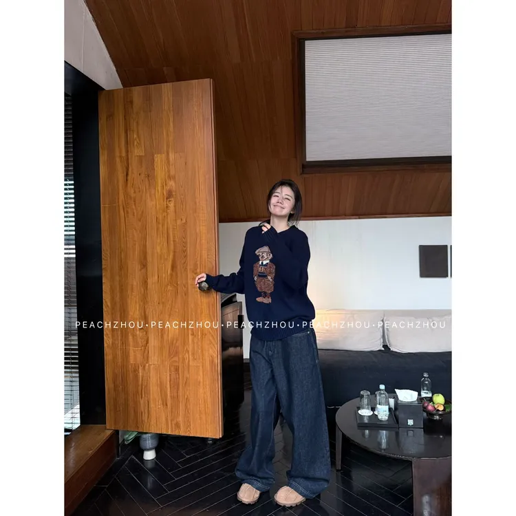 『PEACHZHOU』棉麻丹宁皮牌宽松系扣牛仔裤复古休闲通勤百搭阔腿裤