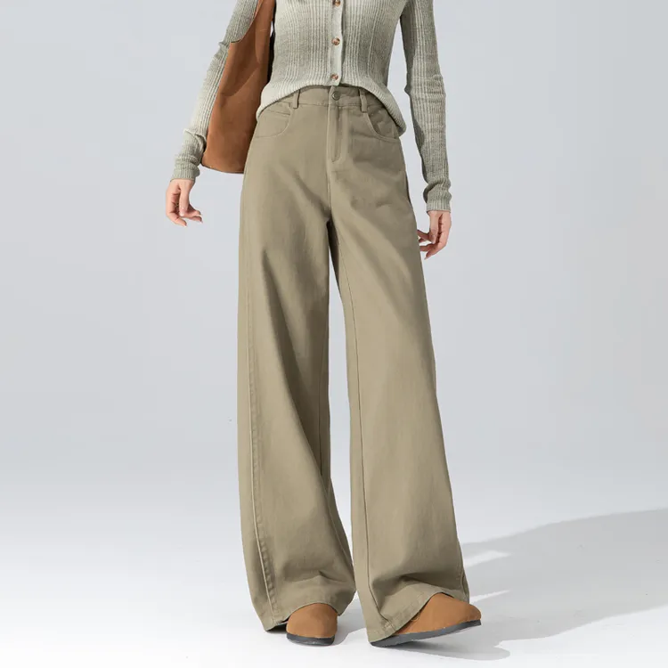 韩系卡其色裤子2025秋季新款阔腿裤女高腰垂感梨型身材显瘦直筒裤
