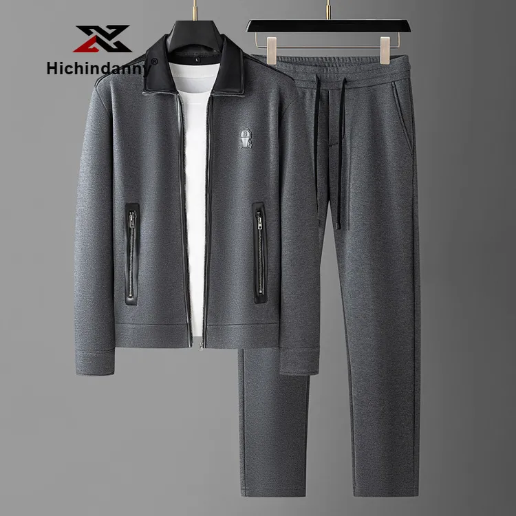 HICHIN运动休闲套装男士冬季加绒加厚开衫外套轻奢羊毛呢两件套