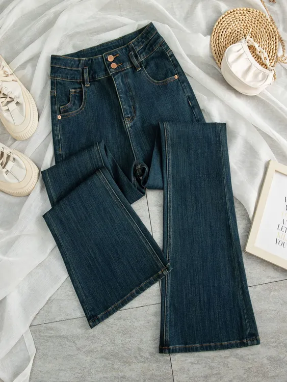 【露思·筒叭裤】春季·海墨蓝·高腰四面弹牛仔裤女神显瘦提臀百搭