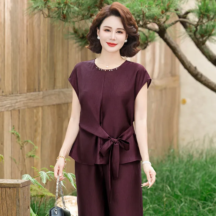 妈妈装夏季套装休闲短袖T恤上衣服2025新款中老年洋气小衫两件套