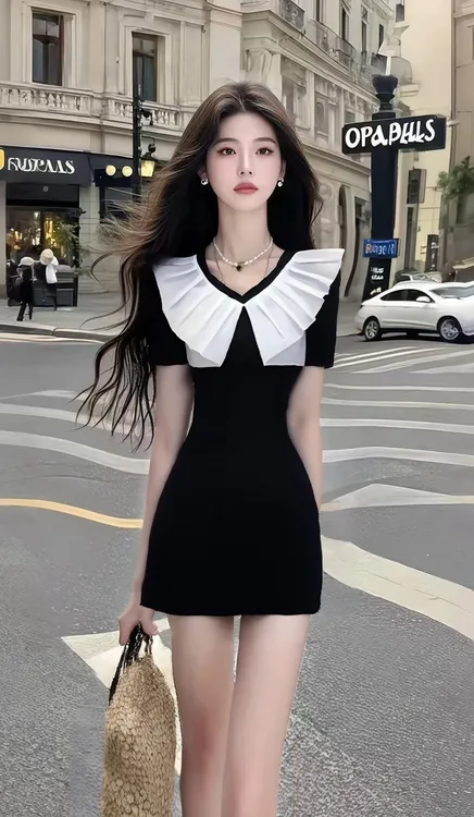 温柔知性风黑色V领修身收腰包臀连衣裙女优雅时尚气质显瘦高级感