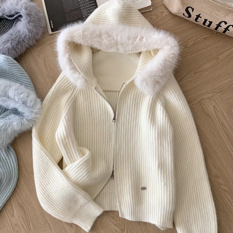 韩系小狐狸慵懒风针织女连帽开衫款毛针织衫加厚上衣ins洋气秋冬