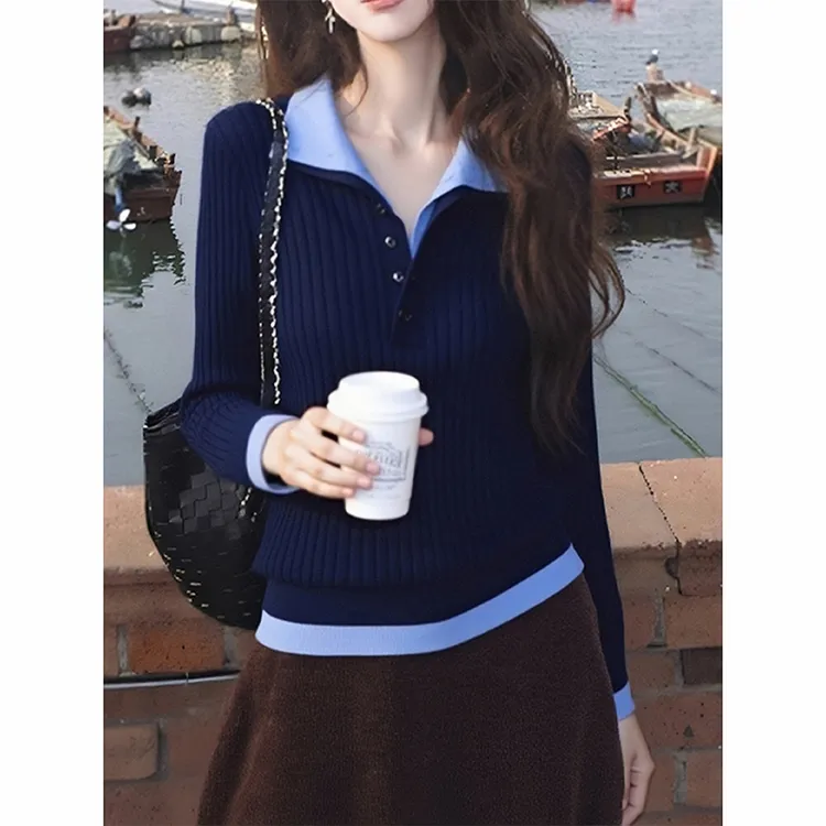 撞色翻领假两件毛衣女2025秋冬新款高级感洋气减龄内搭针织衫上衣