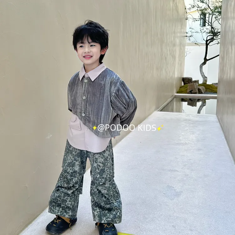 【丁香粉紫衬衫外套套装儿童】不规则流光外套重工衬衫叠穿两件套装