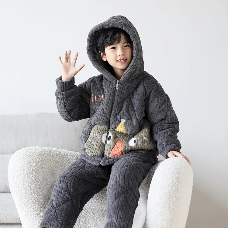 儿童睡衣冬季男童加绒加厚三层夹棉卡通珊瑚绒保暖男孩家居服套装