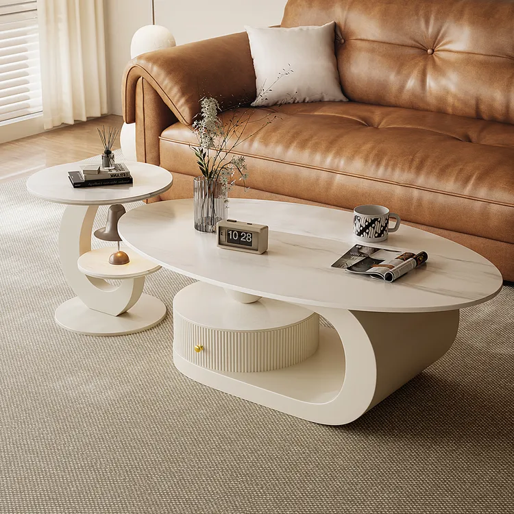 意式轻奢椭圆形岩板茶几组合小户型客厅家用带抽屉设计师简约边几