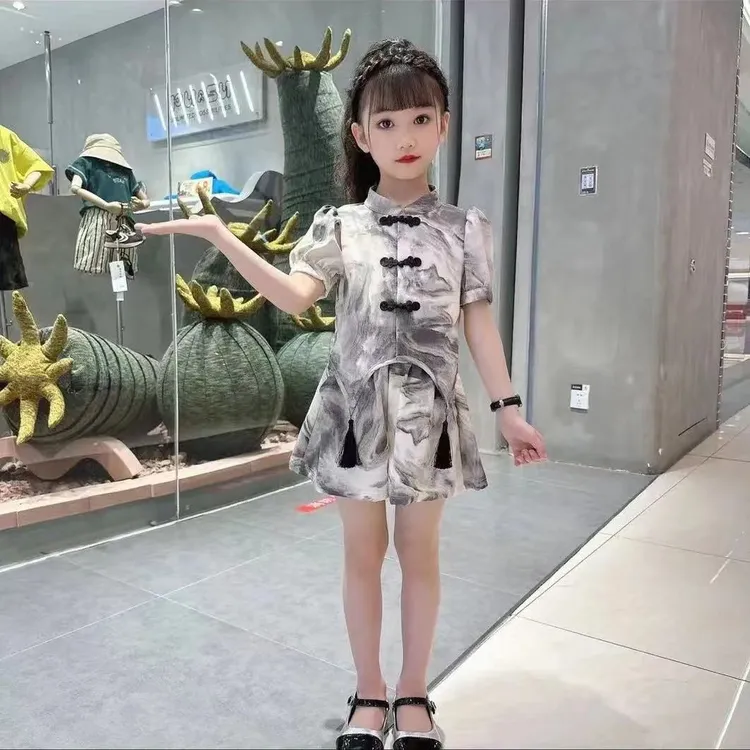 时髦套装夏款洋气中大童装女孩水墨画汉服两件套童装