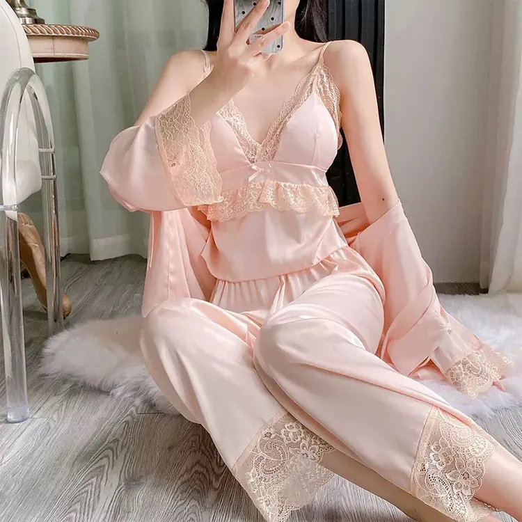 冰丝睡衣女2025夏季带胸垫吊带长袖三件套新款盘扣开衫休闲家居服