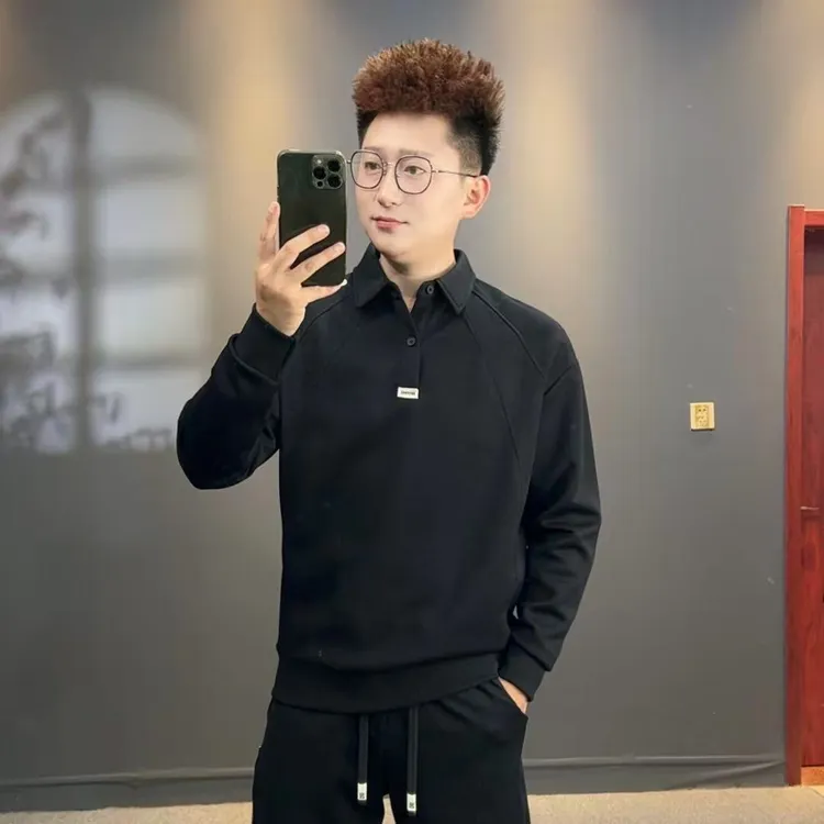春秋季翻领长袖刺绣套头卫衣拼接上衣休闲男装男士百搭时尚59003
