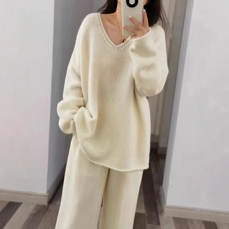 欧美慵懒风宽松落肩羊毛衫100纯女秋冬领中长款毛衣打底针织2025