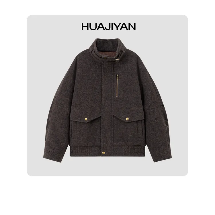 华吉言/HUAJIYAN  巴恩风羊毛混纺设计感弯刀袖棉服外套