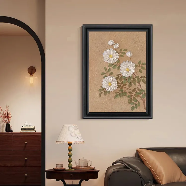 法式中古牡丹客厅装饰画奶油风白色花卉肌理手绘油画卧室玄关挂画