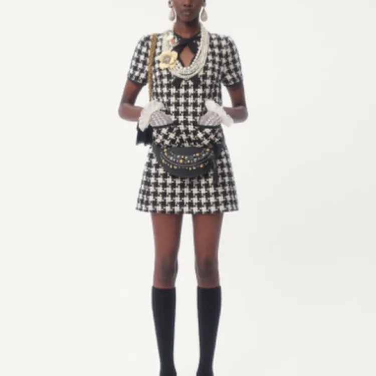 25春华家同款千鸟格羊毛连衣裙格纹小香风复古粗花呢无袖中长裙