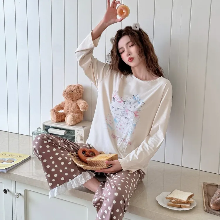 B21115新款日系女士秋冬季长袖波点裤睡衣甜美可外穿家居服套装
