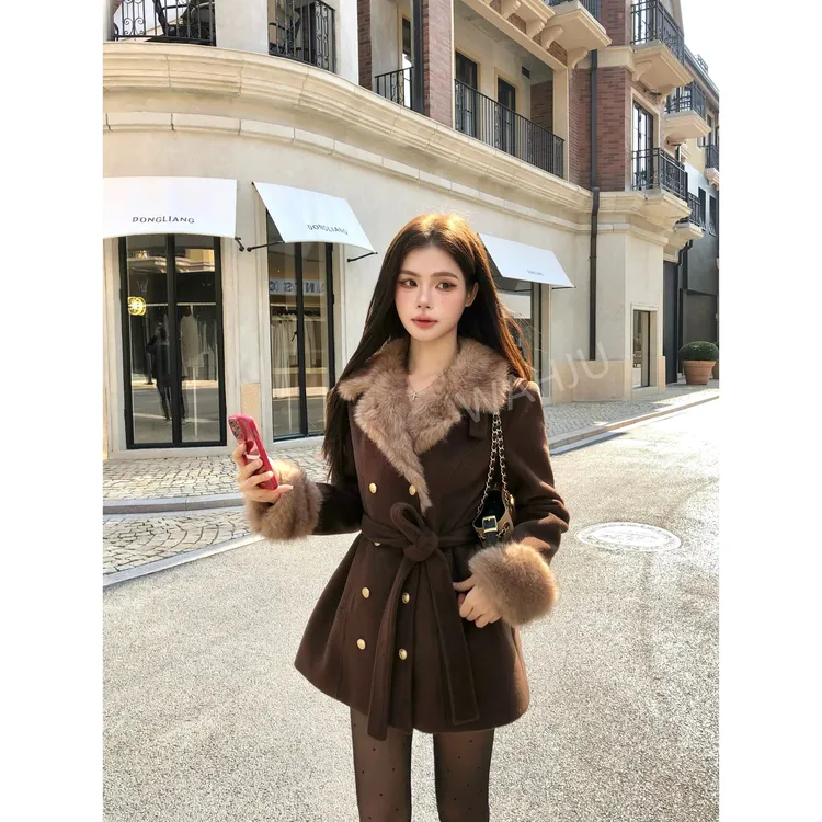 画解WAHJU【古着秀场】千金氛围感系带收腰双排扣毛呢外套0038W