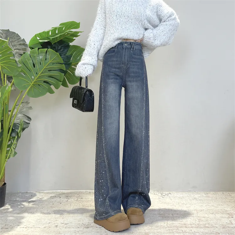 迪否烫钻窄版直筒裤女时尚百搭秋冬新款裤子垂感宽松牛仔裤6305