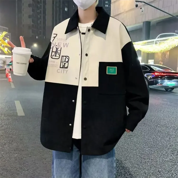 春秋季灯芯绒翻领夹克男港风潮流宽松加肥加大码百搭拼接休闲外套