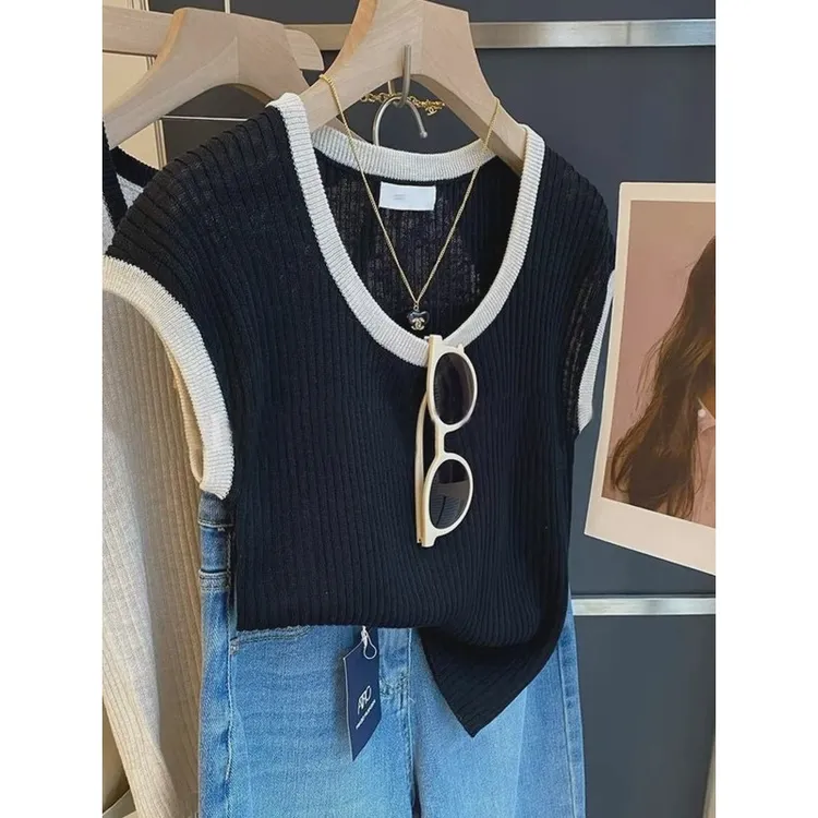 广州十三行爆款清仓捡漏~透气舒适撞色领小飞袖冰丝针织短袖恤