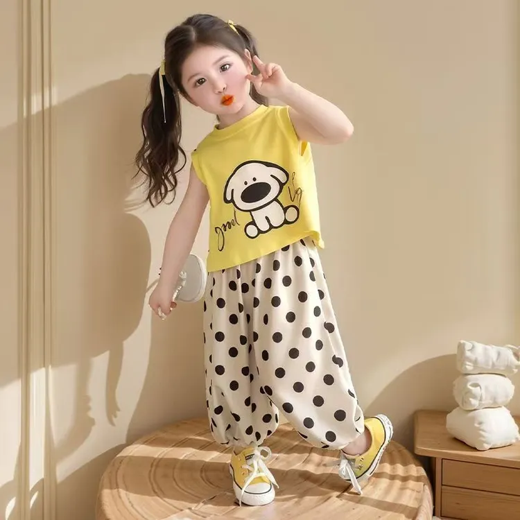 休闲女卡通动漫无袖夏装2025中小童装夏季波点女孩套装套头防蚊裤