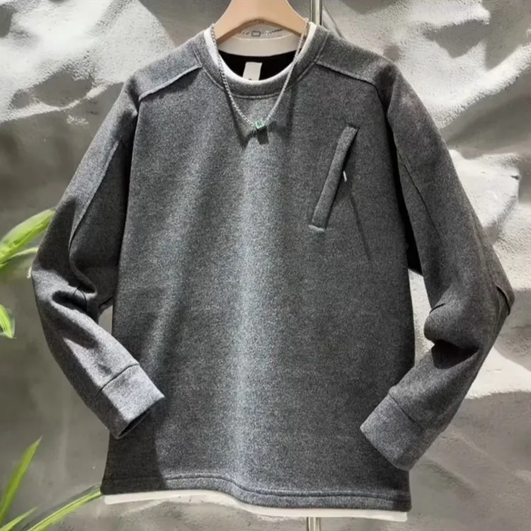 潮牌设计师款秋冬新款加厚磨毛假两件圆领卫衣男士休闲时尚冬上衣