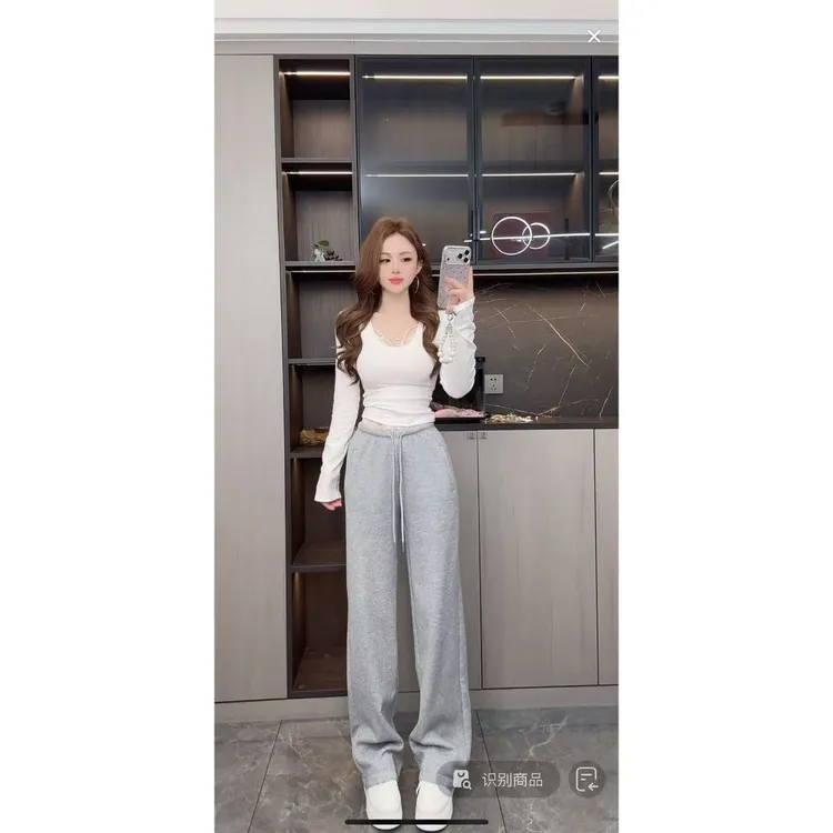 曼曼【海莉卫裤】韩版抽绳蕾丝拼接休闲阔腿卫裤66851#