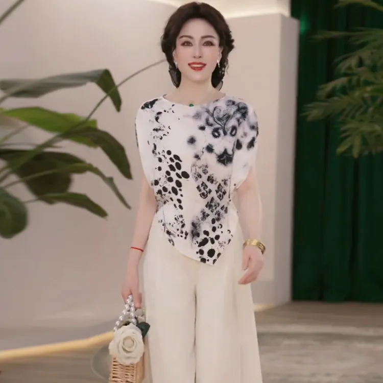 妈妈装夏季新中式时尚套装套装印花女装时尚夏季短袖减龄上衣休闲