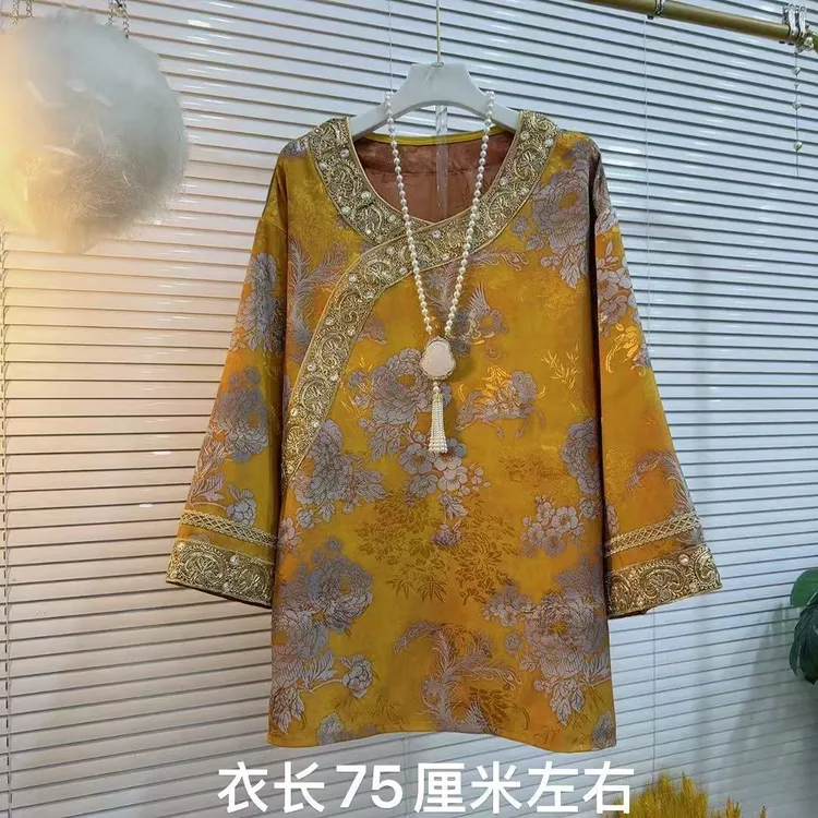 胖MM2025早秋时尚新款复古花图案新中式大码打底衫秋季轻奢新款