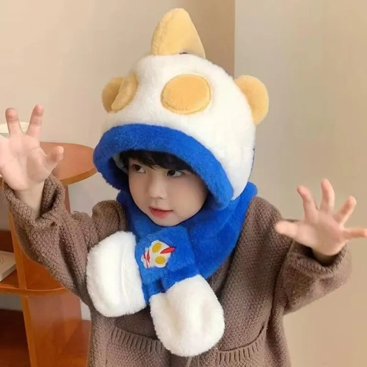 新款儿童奥特曼加厚帽子围巾一体二件套冬季男女童加厚保暖护耳帽