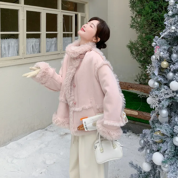 粉色甜美冬季氛围感麂皮绒加厚外套女2025新款毛茸茸拼接保暖棉服