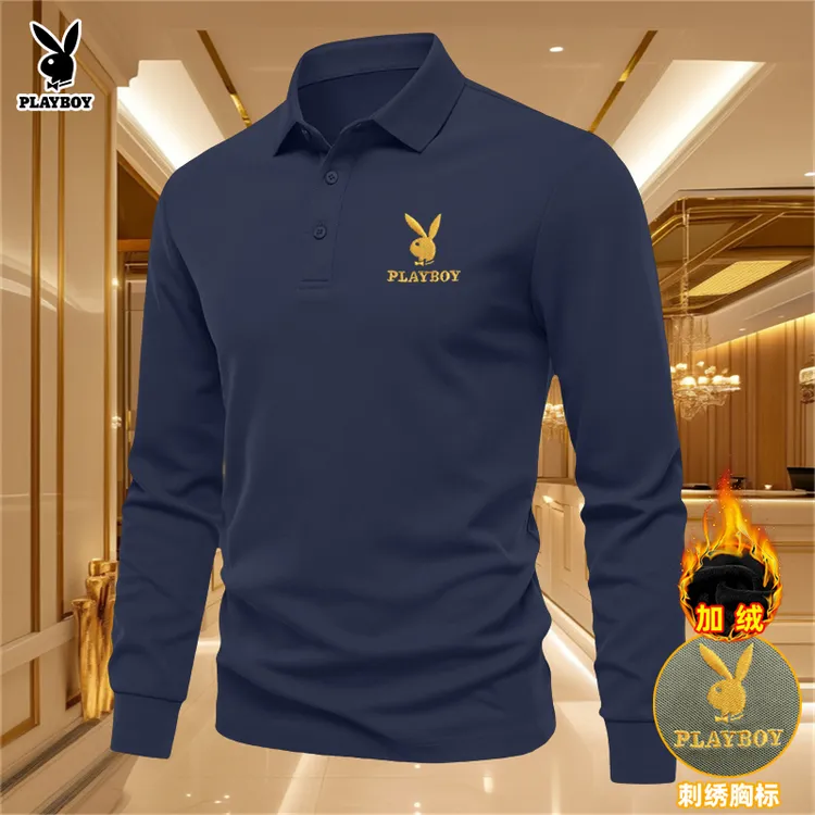 PLAYBOY花花公子刺绣Polo衫春秋季款上衣加绒加厚长袖T恤男装翻领