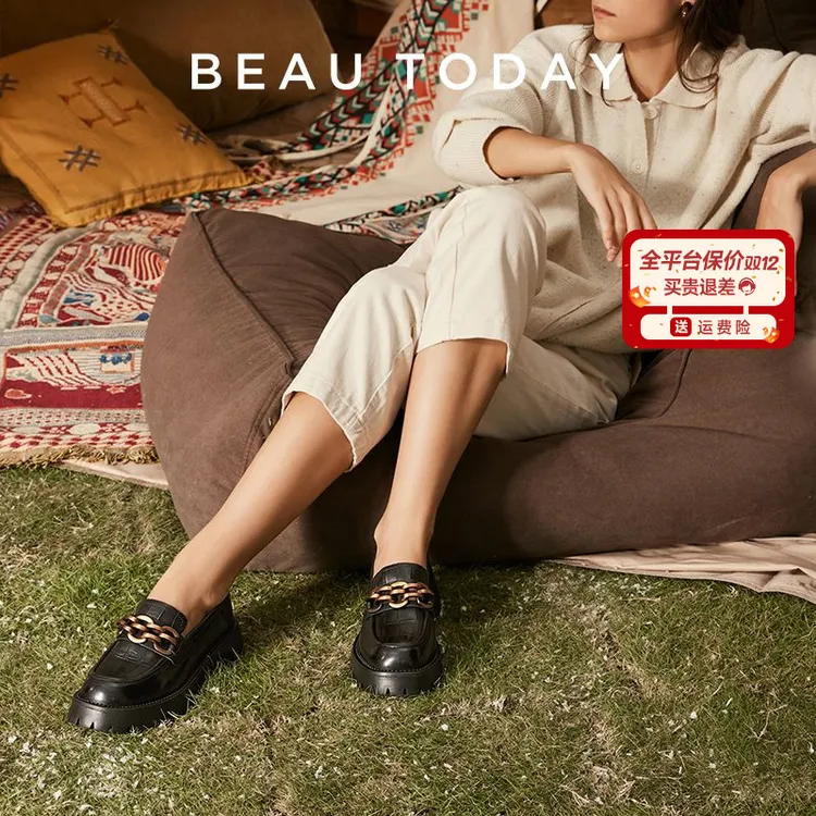 BeauToday【品质牛皮】乐福鞋女英伦风小皮鞋大头鞋鞋黑色单鞋时尚