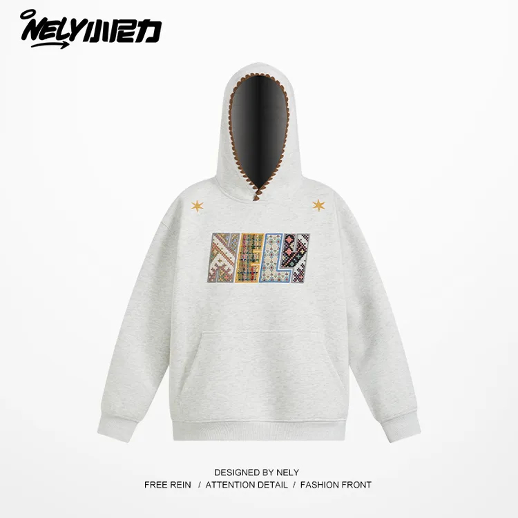 NELY小尼力潮牌复古民族风编织LOGO刺绣百搭宽松情侣连帽卫衣男女