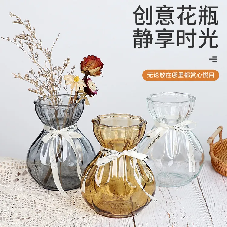 花架福袋简约创意玻璃花瓶ins风透明插花瓶水养鲜花客厅装饰摆件
