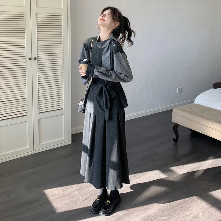 深灰色假两件收腰上衣套装女2025秋季韩系高级感气质半身裙两件套