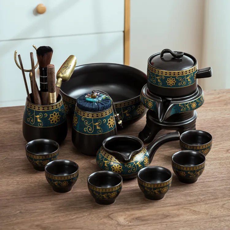 顾竹懒人茶具家用喝茶防烫全套泡茶壶陶瓷功夫茶杯石磨半自动冲茶