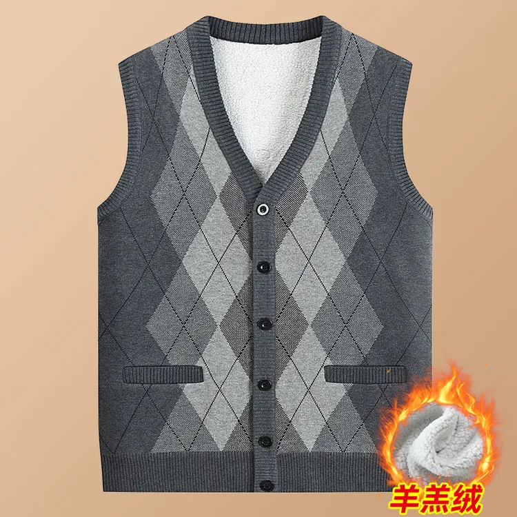 爸爸冬季羊羔绒保暖马甲加绒加厚针织背心爷爷毛衣中老年男士马甲
