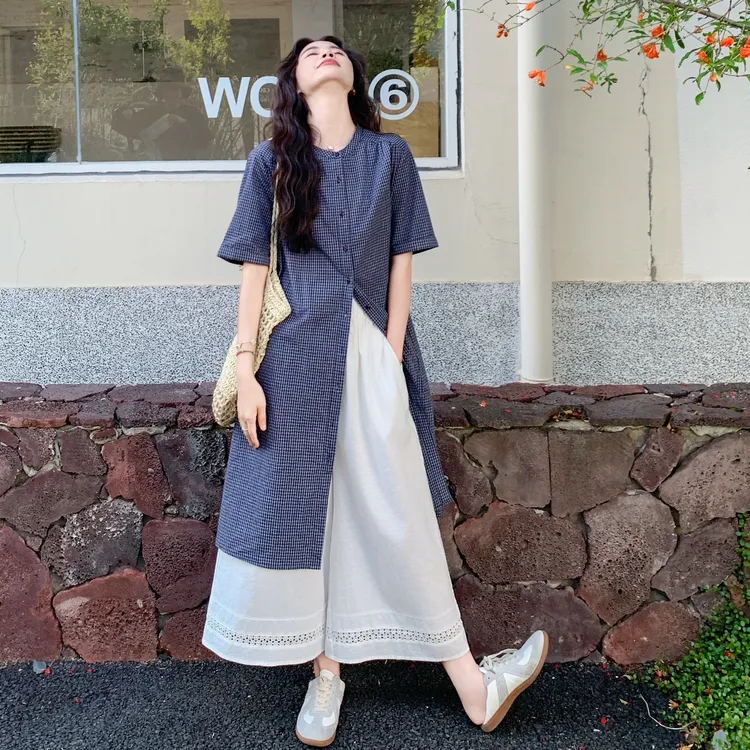文艺复古穿搭套装女夏季2025新款韩系格子衬衫连衣裙阔腿裤两件套