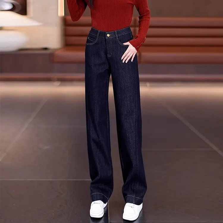丹宁蓝窄版阔腿牛仔裤女2025春秋冬新款高腰显瘦加绒休闲直筒裤子