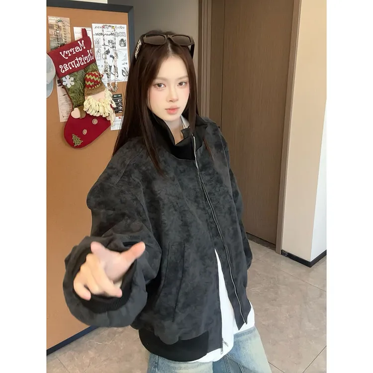 潮牌纯色机车夹克男女美式街头复古宽松百搭PU皮衣美拉德外套