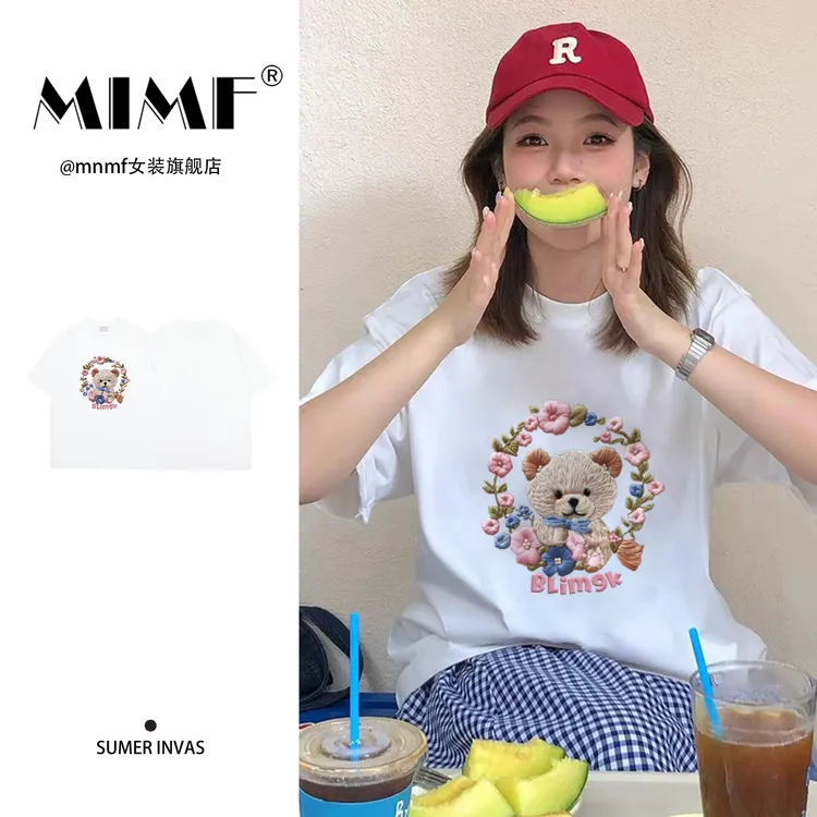 mnmf【仿刺绣印花】甜美可爱风卡通印花纯棉上衣ins夏季宽松短袖T恤
