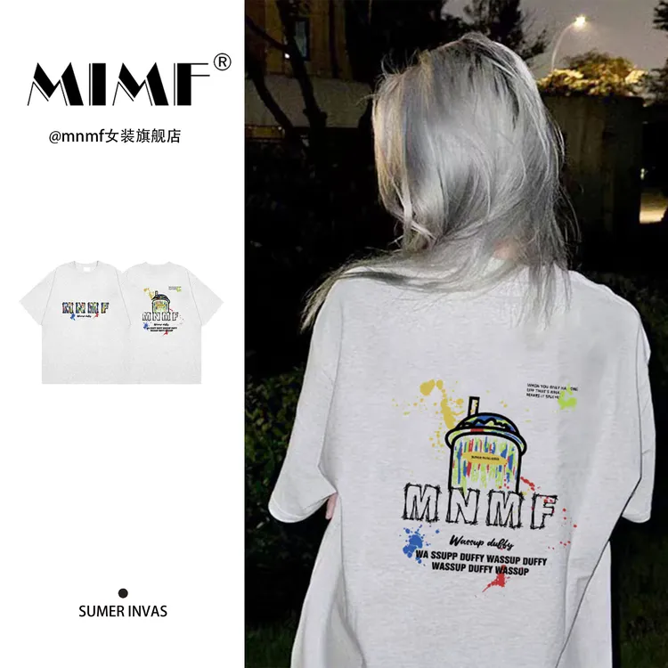 mnmf韩版街头白灰色字母印花短袖T恤女装夏季纯棉宽松显瘦上衣ins